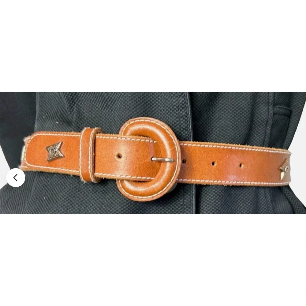 90s Liz Claiborne Leather Belt M Tan Starburst Embroidered Etch Concho Stud NEW